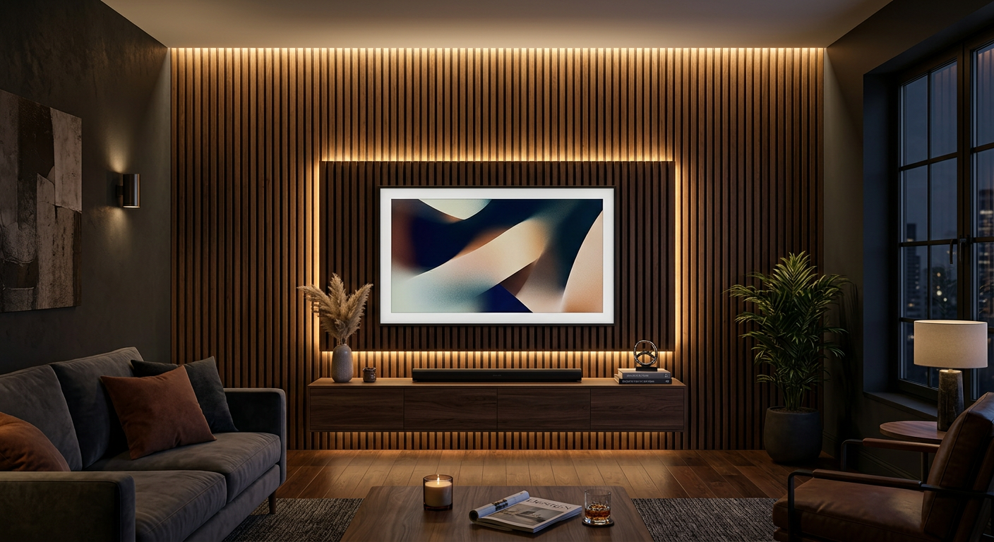 Painel ripado com LED em parede de TV