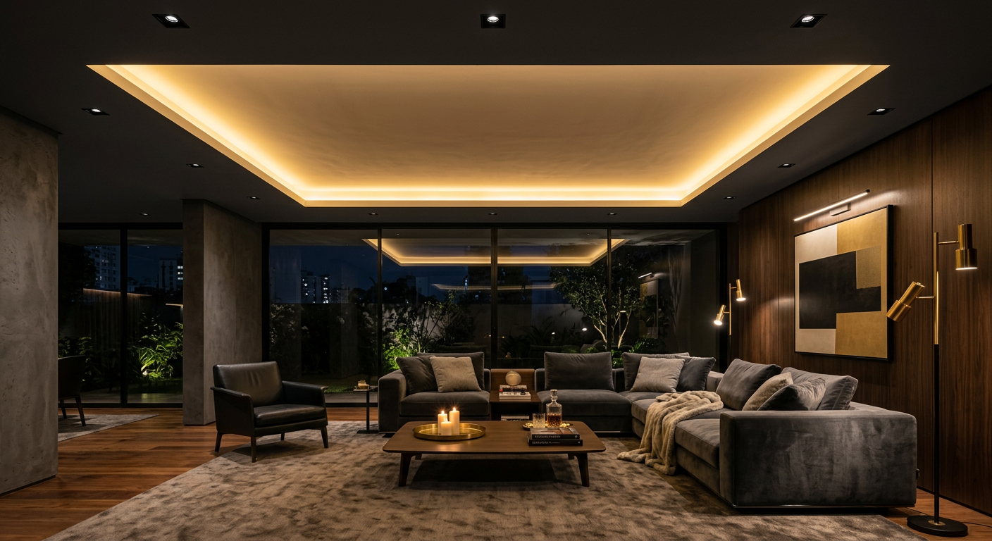 Sala com teto fluante de gesso e iluminação dourada embutida